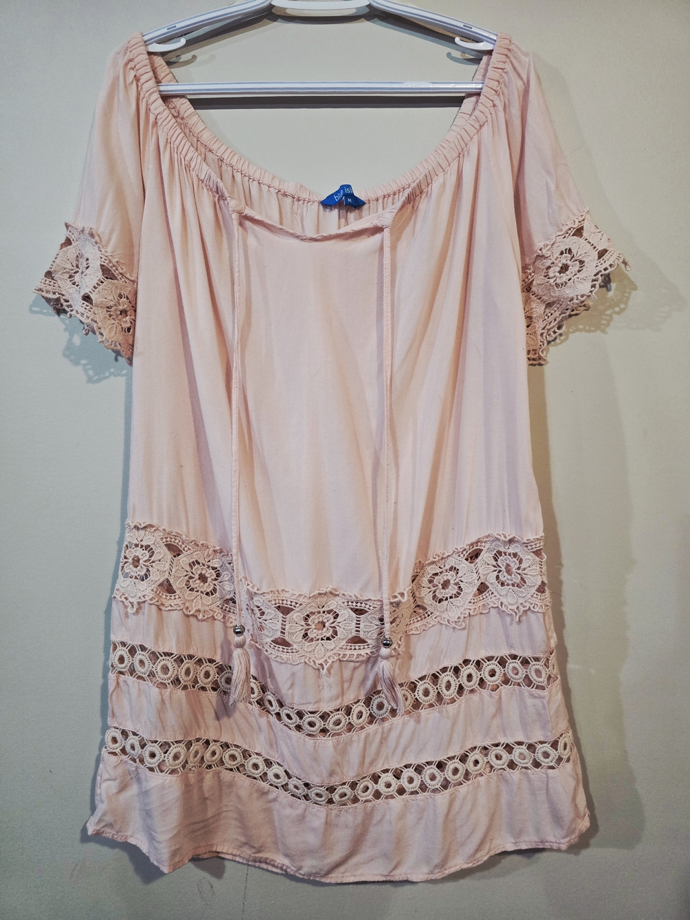 Blue island. Soft Blush Pink Boho Dress. Beach Off Shoulder Mini Dress. M